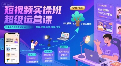 短视频实操班超级运营课，新手小白到短视频大神必修课程，剪辑-拍摄-运营-直播-变现-HEIXXXMI