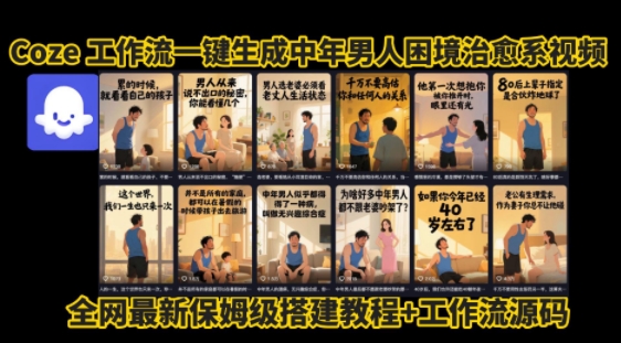 coze工作流一键生成”中年男人困境扎心高涨粉高播放量图文视频”保姆级拆解教程，无需剪辑，无需拍摄写文案-HEIXXXMI