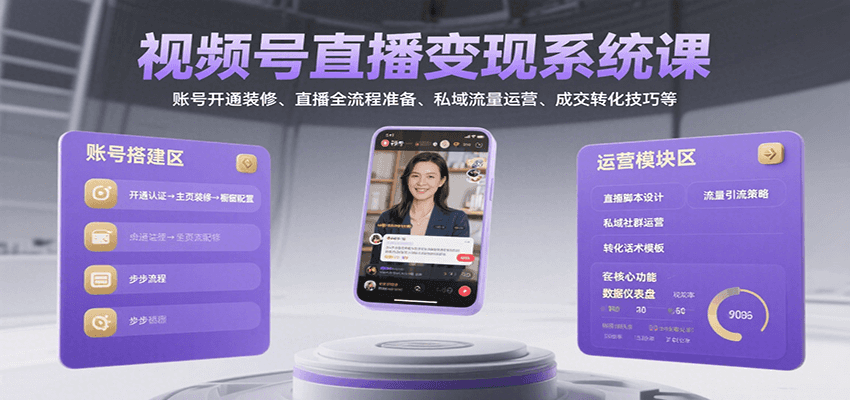 视频号直播变现系统课，账号开通装修、直播全流程准备、私域流量运营、成交转化技巧等-HEIXXXMI