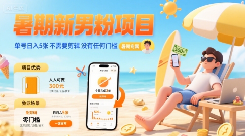 暑期新男粉项目 单号日入5张 不需要剪辑  没有任何门槛-HEIXXXMI