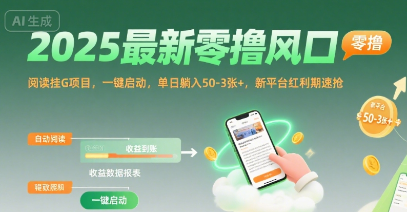 2025最新零撸风口，阅读挂G项目，一键启动，单日躺入 50-3张+，新平台红利期速抢【揭秘】-HEIXXXMI