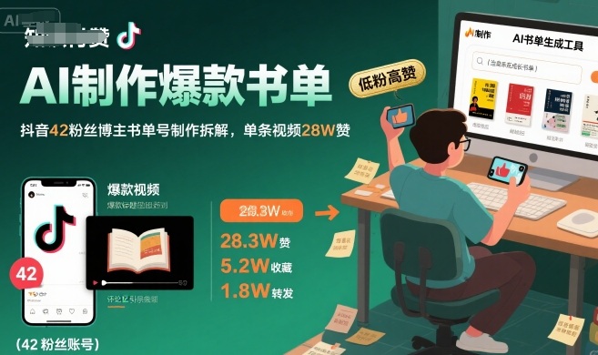 AI制作爆款书单，抖音42粉丝博主书单号制作拆解，单条视频28W赞-HEIXXXMI