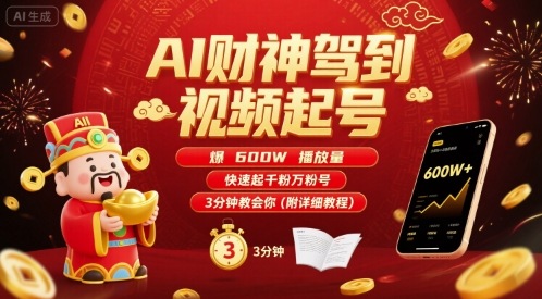 AI财神驾到视频起号，爆600W播放量，快速起千粉万粉号，3分钟教会你(附详细教程)-HEIXXXMI