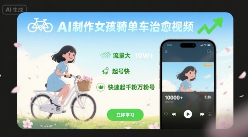 AI制作女孩骑单车治愈视频，流量大，起号快，快速起千粉万粉号-HEIXXXMI