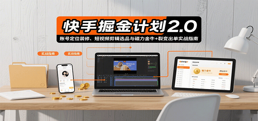 快手掘金计划2.0，账号定位装修、短视频剪辑选品与磁力金牛+裂变出单实战指南-HEIXXXMI