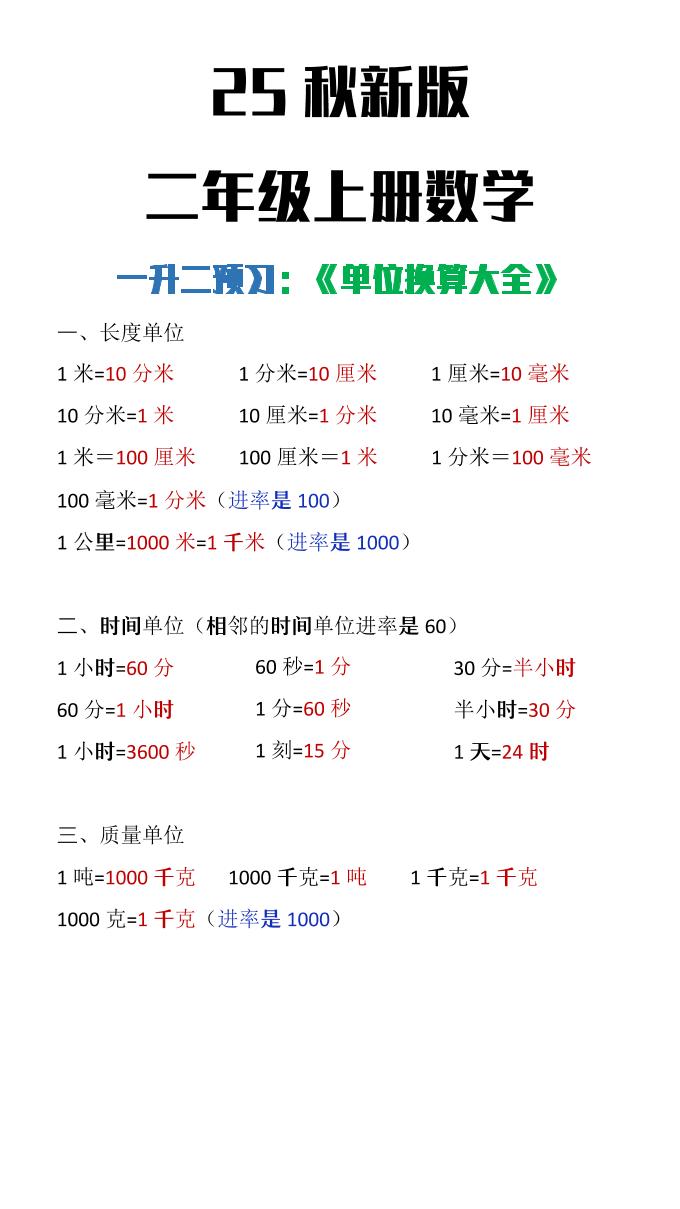 【2025秋新版】二年级上册数学单位换算大全-HEIXXXMI
