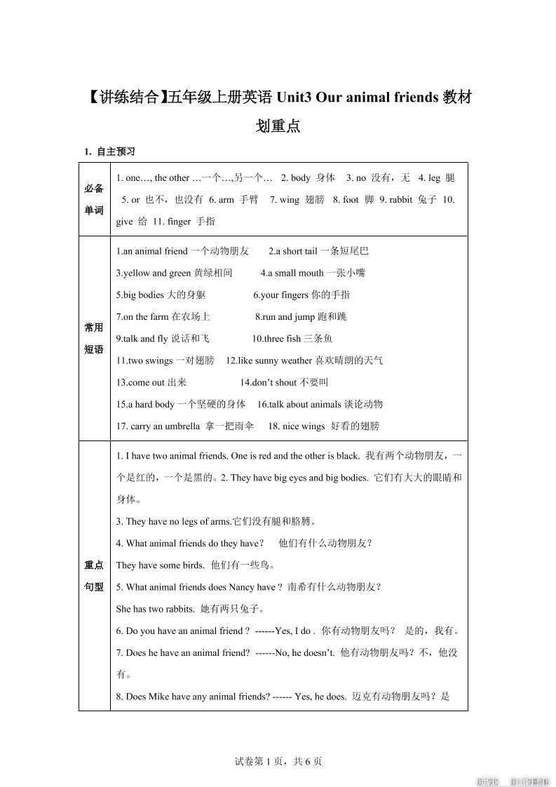 【单元热点难点】译林版（三起）英语五年级上册Unit3Ouranimalfriends教材划重点-HEIXXXMI