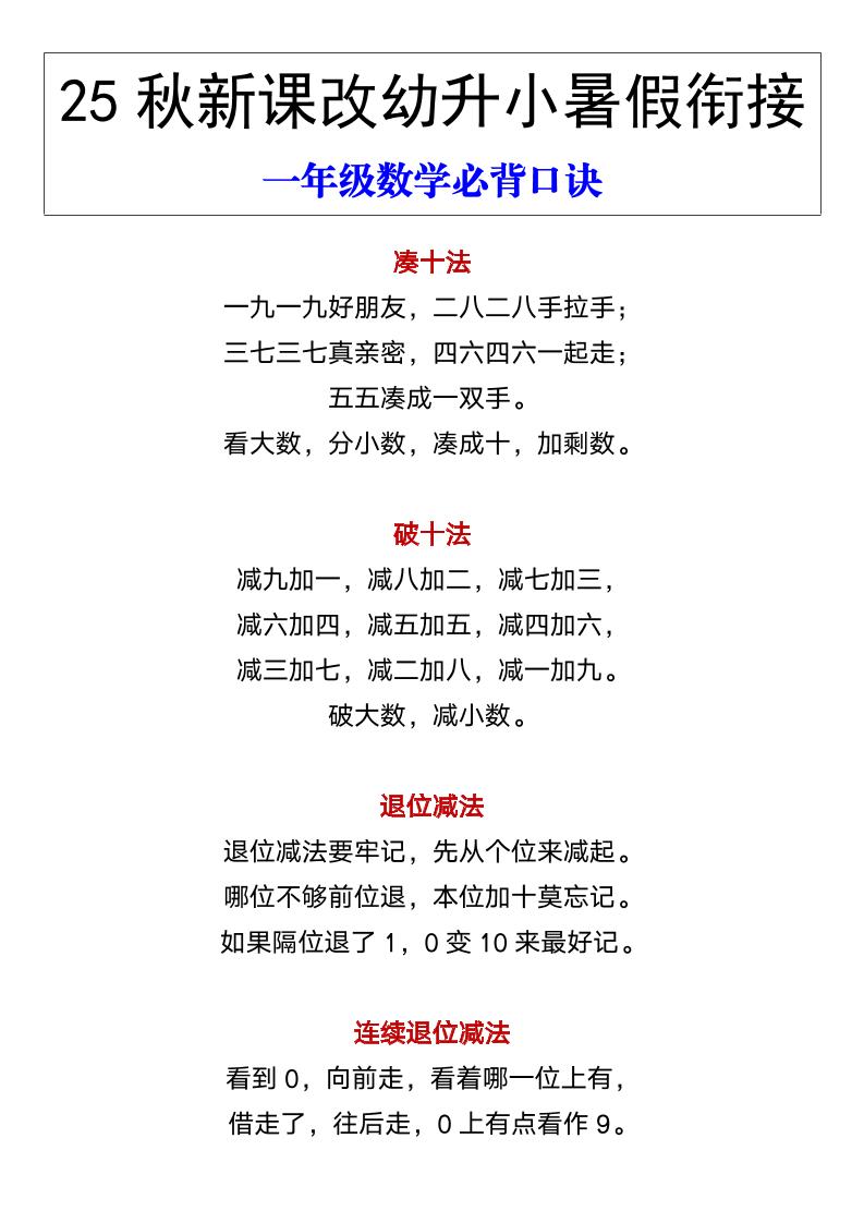 【2025秋新版】幼升小暑假衔接一年级数学必背口诀-一上数学-HEIXXXMI
