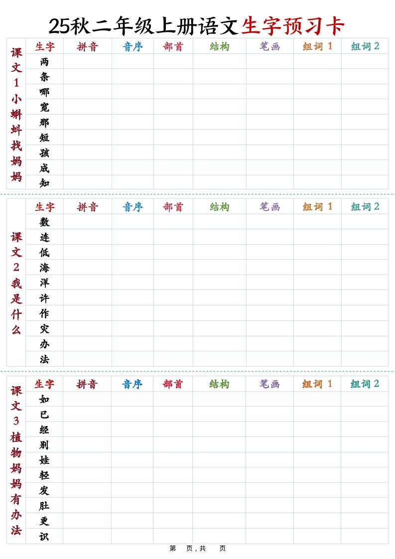 25秋新二上语文生字预习卡（11页）-HEIXXXMI