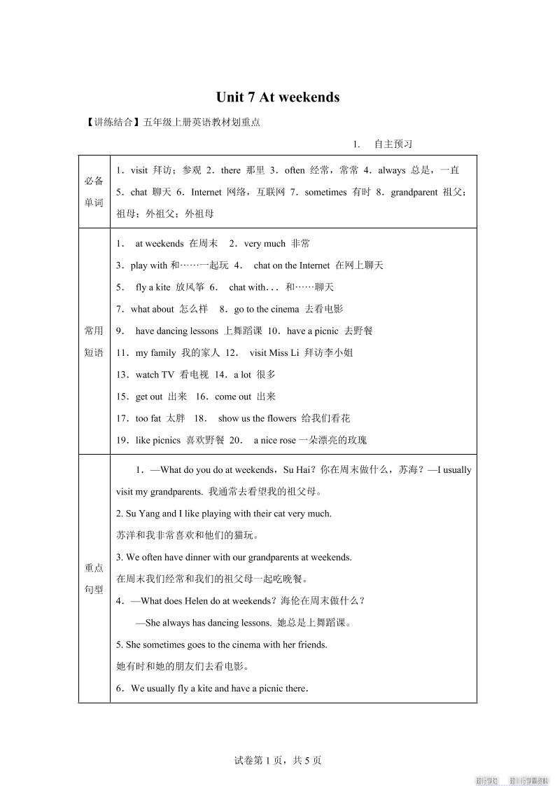 【单元热点难点】译林版（三起）英语五年级上册Unit7Atweekends教材划重点-HEIXXXMI