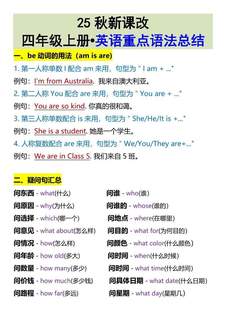 【2025秋新版】四年级上册•英语重点语法总结-HEIXXXMI
