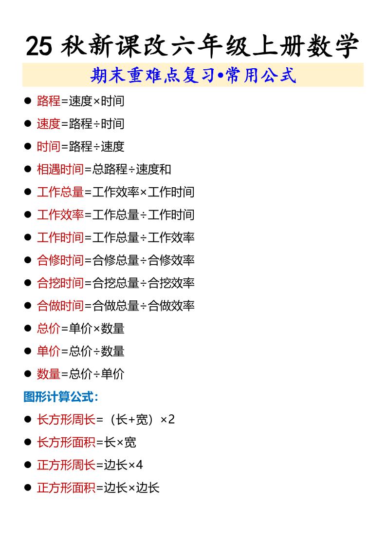 【2025秋新版】六年级上册数学期末重难点复习•常用公式-HEIXXXMI