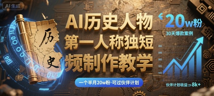 最新AI历史人物第一人称独白短视频制作教学，一个半月20w粉，可过伙伴计划-HEIXXXMI