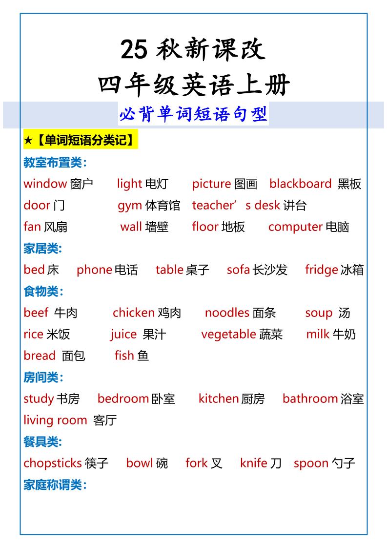 【2025秋新版】四年级英语上册必背单词短语句型-HEIXXXMI