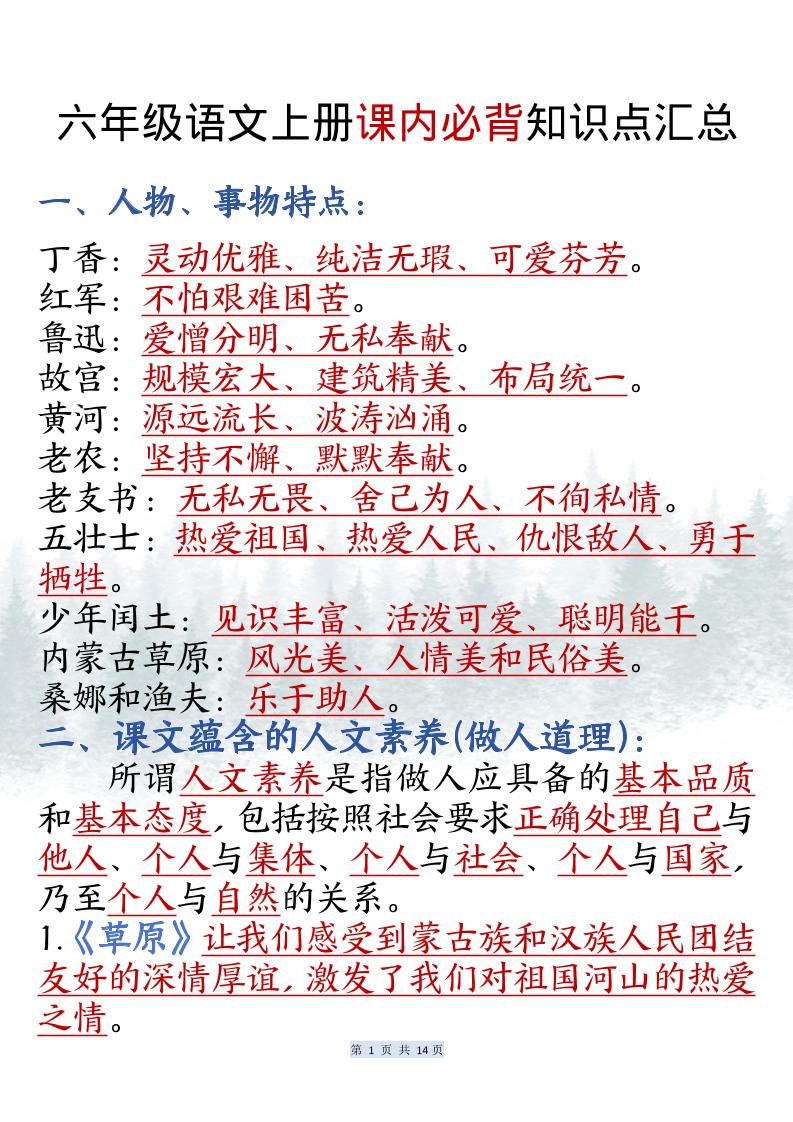 六上语文课内必背知识点汇总（共14页）-HEIXXXMI