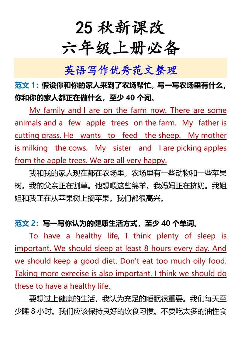 【2025秋新版】六年级上册必备英语写作优秀范文整理-HEIXXXMI