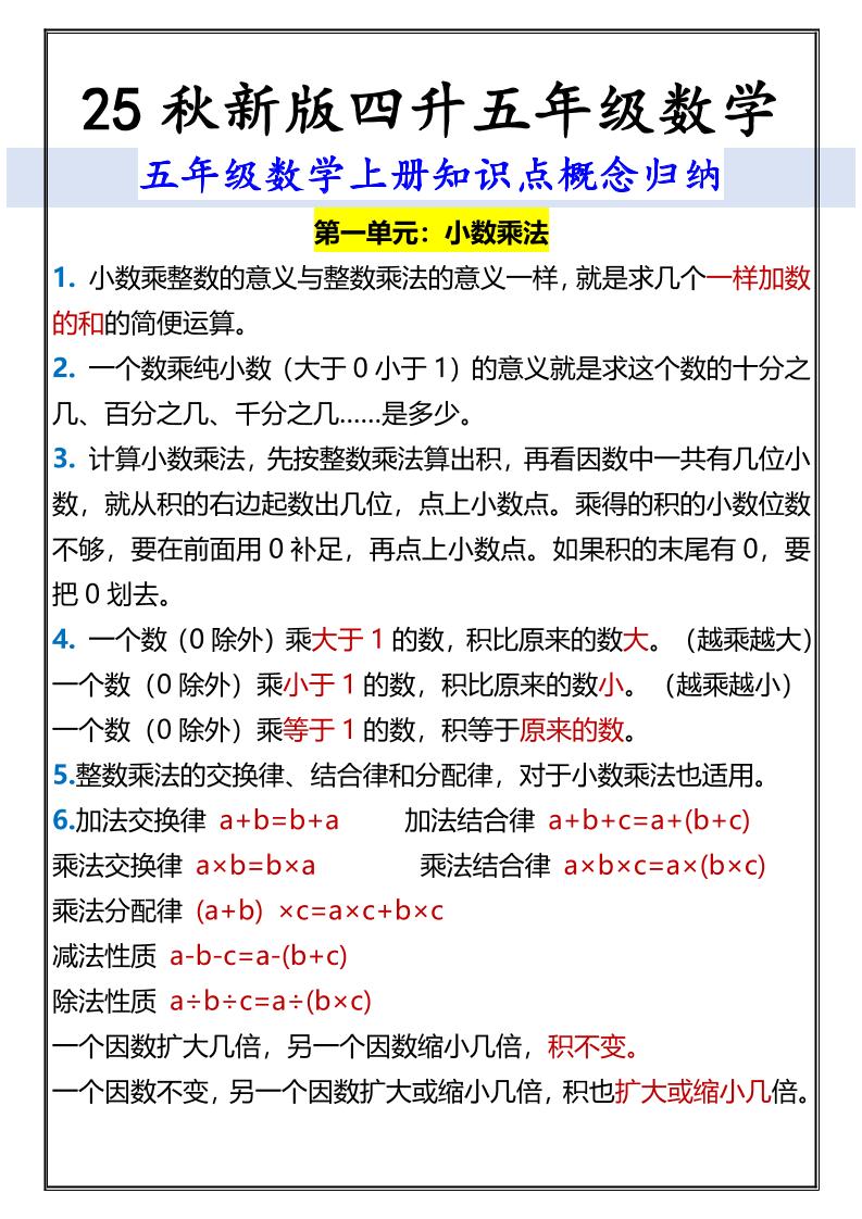 【2025秋新版】五年级数学上册知识点概念归纳-HEIXXXMI