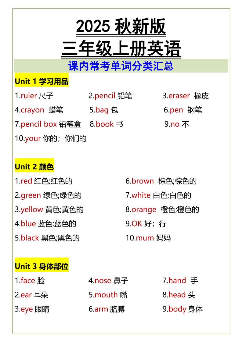 【2025秋新版】三年级上册英语课内常考单词分类汇总-HEIXXXMI