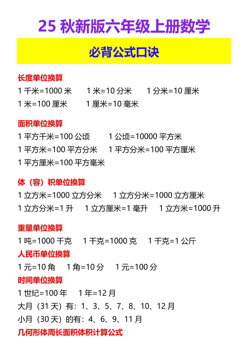 【2025秋新版】六年级上册数学必背公式口诀-HEIXXXMI