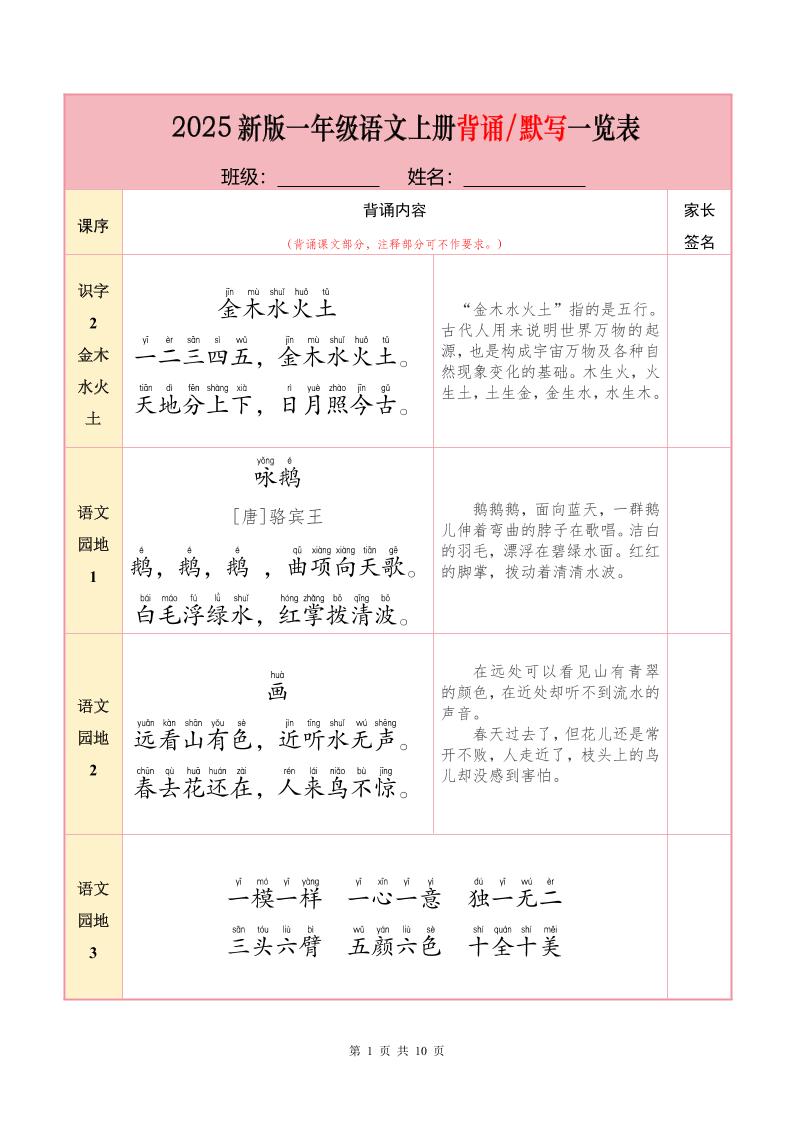 一上语文【25秋-必背内容+默写表】-HEIXXXMI