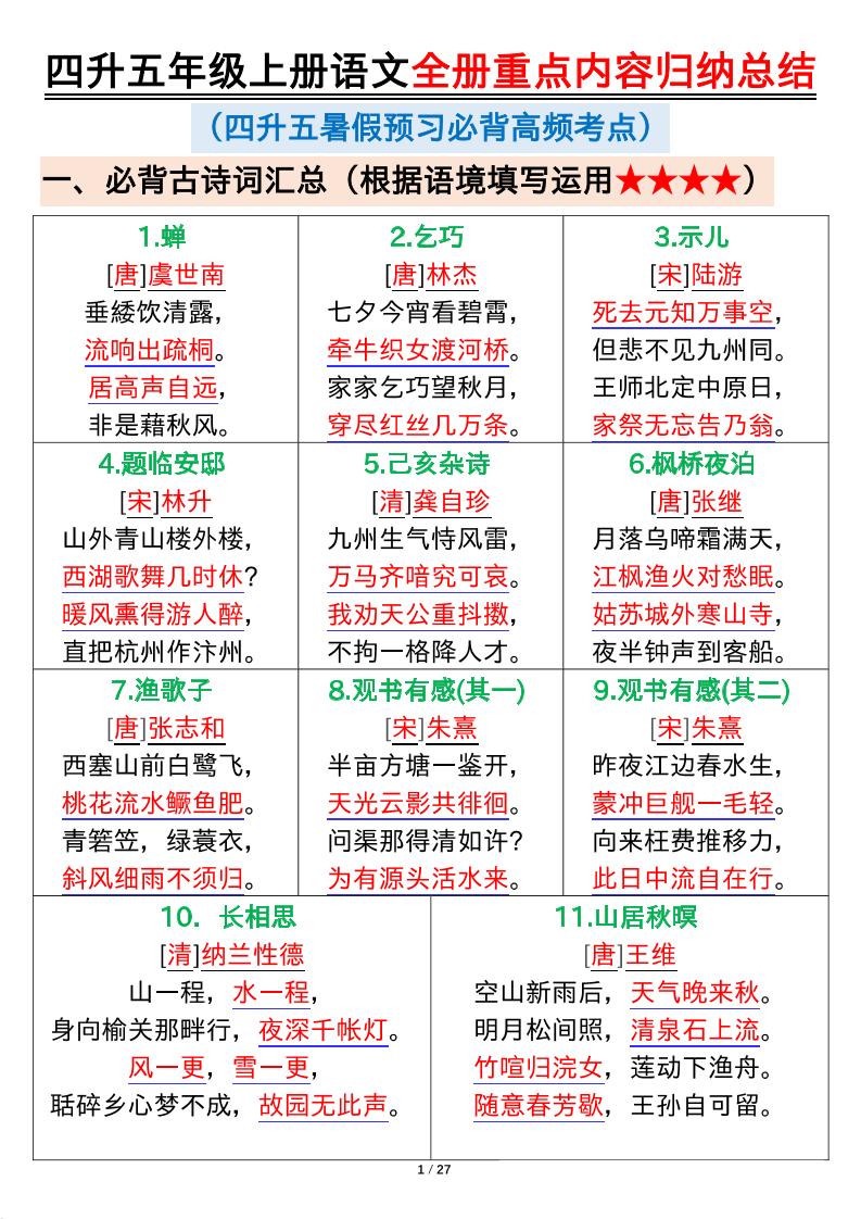 四升五年级上册语文全册重点内容归纳总结输出27页-HEIXXXMI