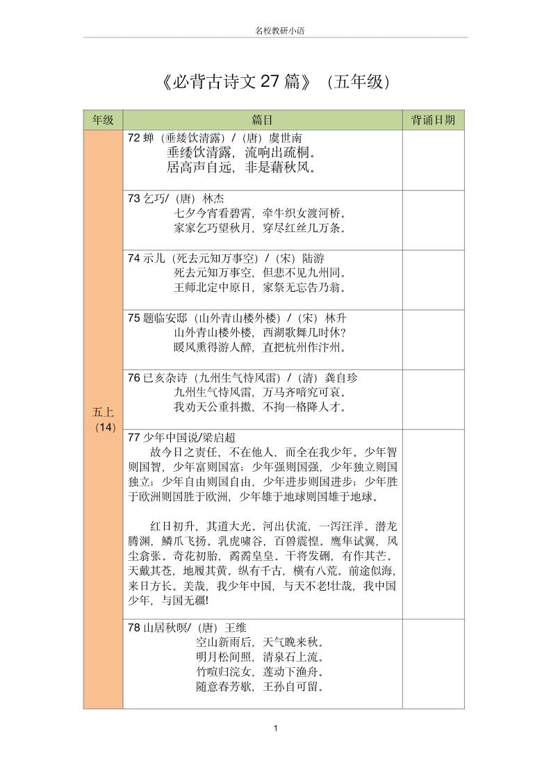 五年级古诗文背诵记录表-五上语文-HEIXXXMI