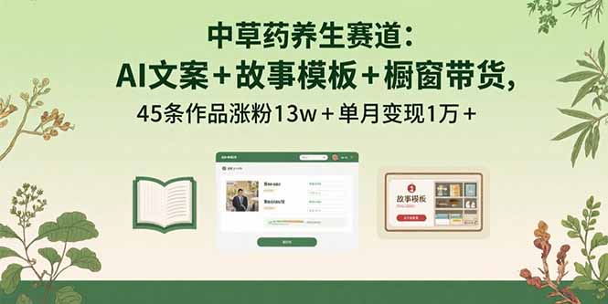 中草药养生赛道：AI文案+故事模板+橱带货，45条作品涨粉13w+单月变现1万+-HEIXXXMI