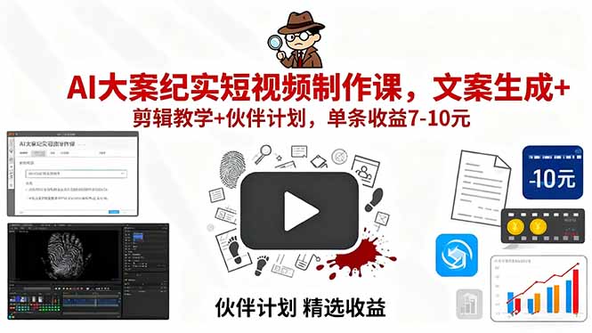 AI大案纪实短视频制作课，文案生成+剪辑教学+伙伴计划，单条收益7-10元-HEIXXXMI