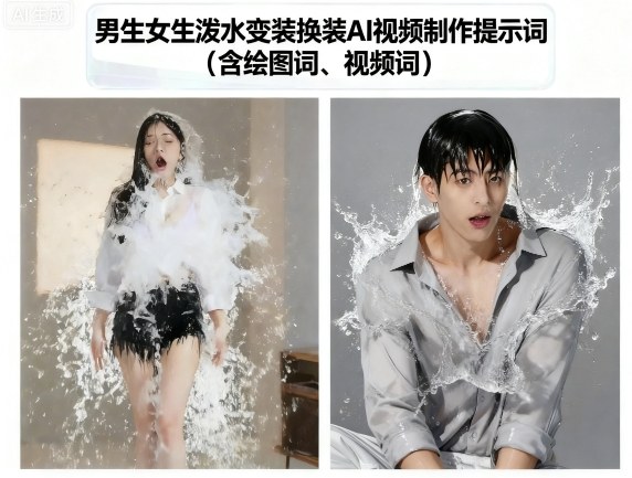 男生女生泼水变装换装AI视频制作提示词(含绘图词、视频词)-HEIXXXMI