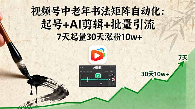 视频号中老年书法矩阵自动化：起号+AI剪辑+批量引流 7天起量30天涨粉10w+-HEIXXXMI