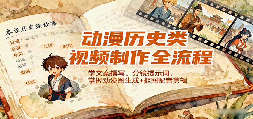 动漫历史类视频制作全流程，学文案撰写、分镜提示词，掌握动漫图生成+抠图配音剪辑-HEIXXXMI