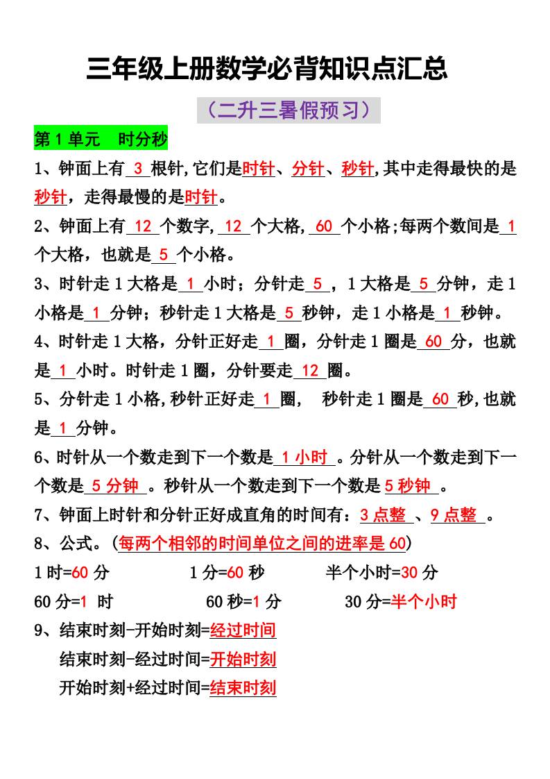 三年级上册数学必背知识点汇总-HEIXXXMI