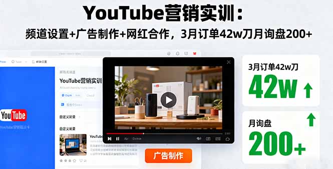 YouTube营销实训：频道设置+广告制作+网红合作，3月订单42w刀月询盘200+-HEIXXXMI