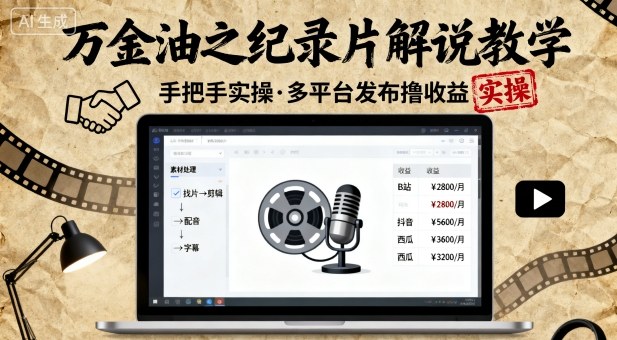 万金油之纪录片解说教学，手把手教你，完全实操，多平台发布撸收益-HEIXXXMI