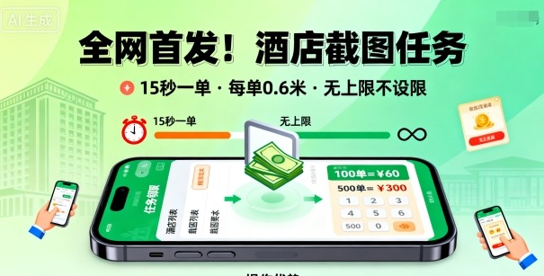 全网首发！酒店截图任务，15秒一单，每单0.6米，任务无上限不设限，矩阵操作单日3张到手【揭秘】-HEIXXXMI