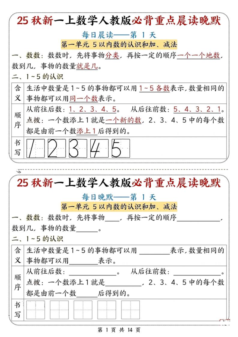 25秋新一上数学必背重点晨读晚默（人教版14页）-HEIXXXMI