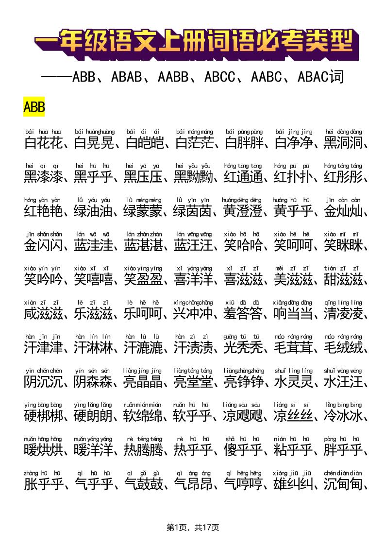 新一上语文词语必考类型(ABB、ABAB、AABB、ABCC、AABC、ABAC、ABCB类词语)17页-HEIXXXMI