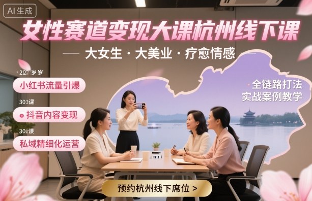 女性赛道变现大课杭州线下，大女生，大美业，疗愈情感，一套小红书、抖音、私域全链路打法-HEIXXXMI