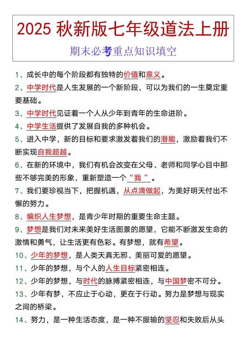 七年级道法上册期末必考重点知识填空-HEIXXXMI