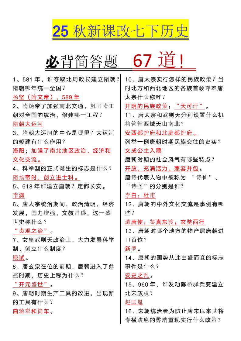 【2025秋新版】七年级下册历史必背简答题67道-HEIXXXMI