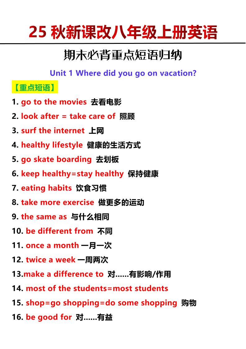 【2025秋新版】八年级上册英语期末必背重点短语归纳-HEIXXXMI