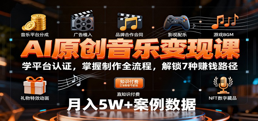 AI原创音乐变现课：学平台认证，掌握制作全流程，解锁7种赚钱路径-HEIXXXMI