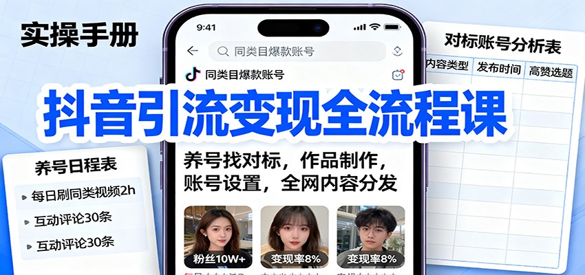 抖音引流变现全流程课：养号找对标，作品制作，账号设置，全网内容分发-HEIXXXMI