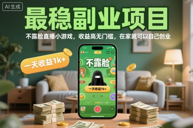 最稳副业项目，不露脸直播小游戏，收益高无门槛，一天收益1k+，在家就可以自己创业【揭秘】-HEIXXXMI