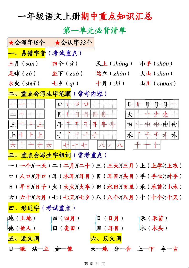 一年级上语文期中重点知识汇总-HEIXXXMI