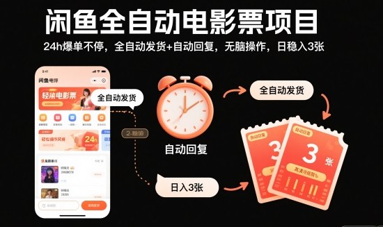 闲鱼全自动电影票项目，24h爆单不停，全自动发货+自动回复，无脑操作，日稳入3张【揭秘】-HEIXXXMI