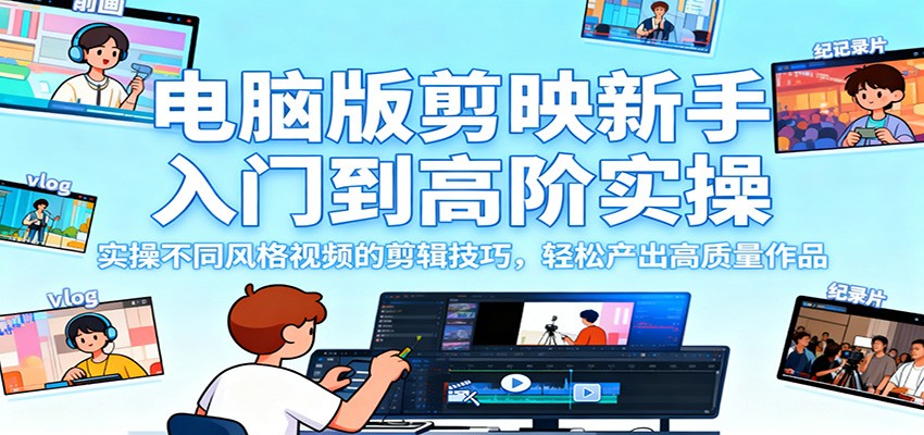 电脑版剪映新手入门到高阶实操，实操不同风格视频的剪辑技巧，轻松产出高质量作品-HEIXXXMI