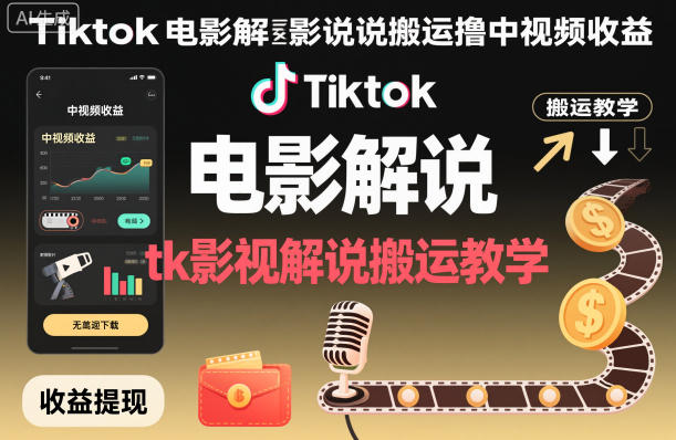 Tiktok电影解说搬运撸中视频收益，tk影视解说搬运教学-HEIXXXMI