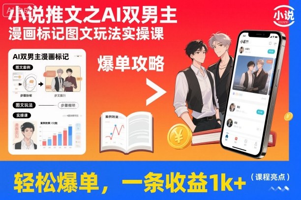 小说推文之AI双男主漫画标记图文玩法实操课，轻松爆单，一条收益1k+-HEIXXXMI