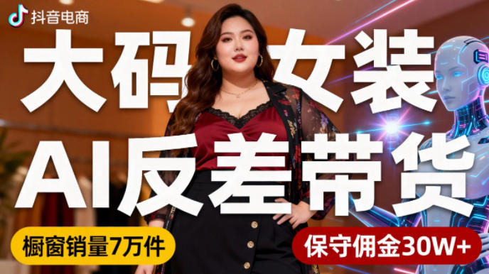 抖音小众赛道，大码女装AI反差带货，不用直播，每天6条作品，橱窗卖7万件，保守佣金30W+-HEIXXXMI